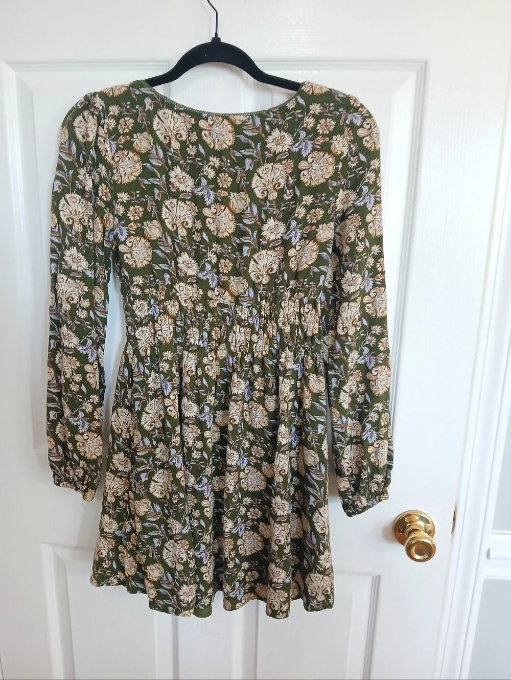 Oak Trellis Floral Green Long Sleeve Mini Dress Babydoll Smocked Waist Boho